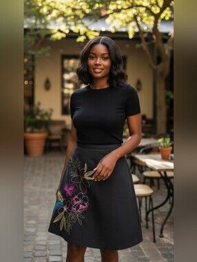 First Issue By Liz Clariborne Black A-Line Skirt Floral Embroidery SZ-10